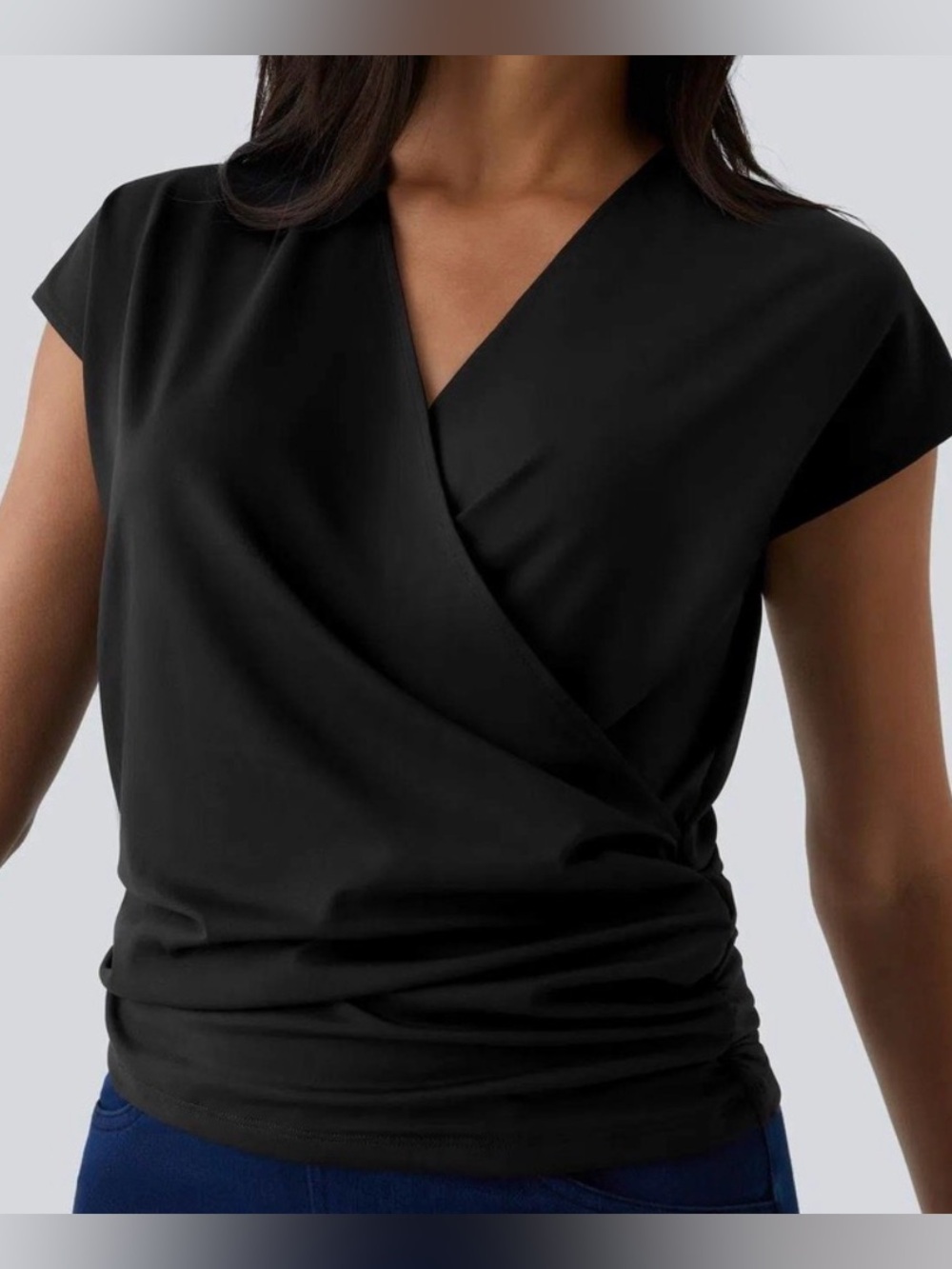 Halara Top Womens 1X Black Surplice Faux Wrap Ruched V- Neck
